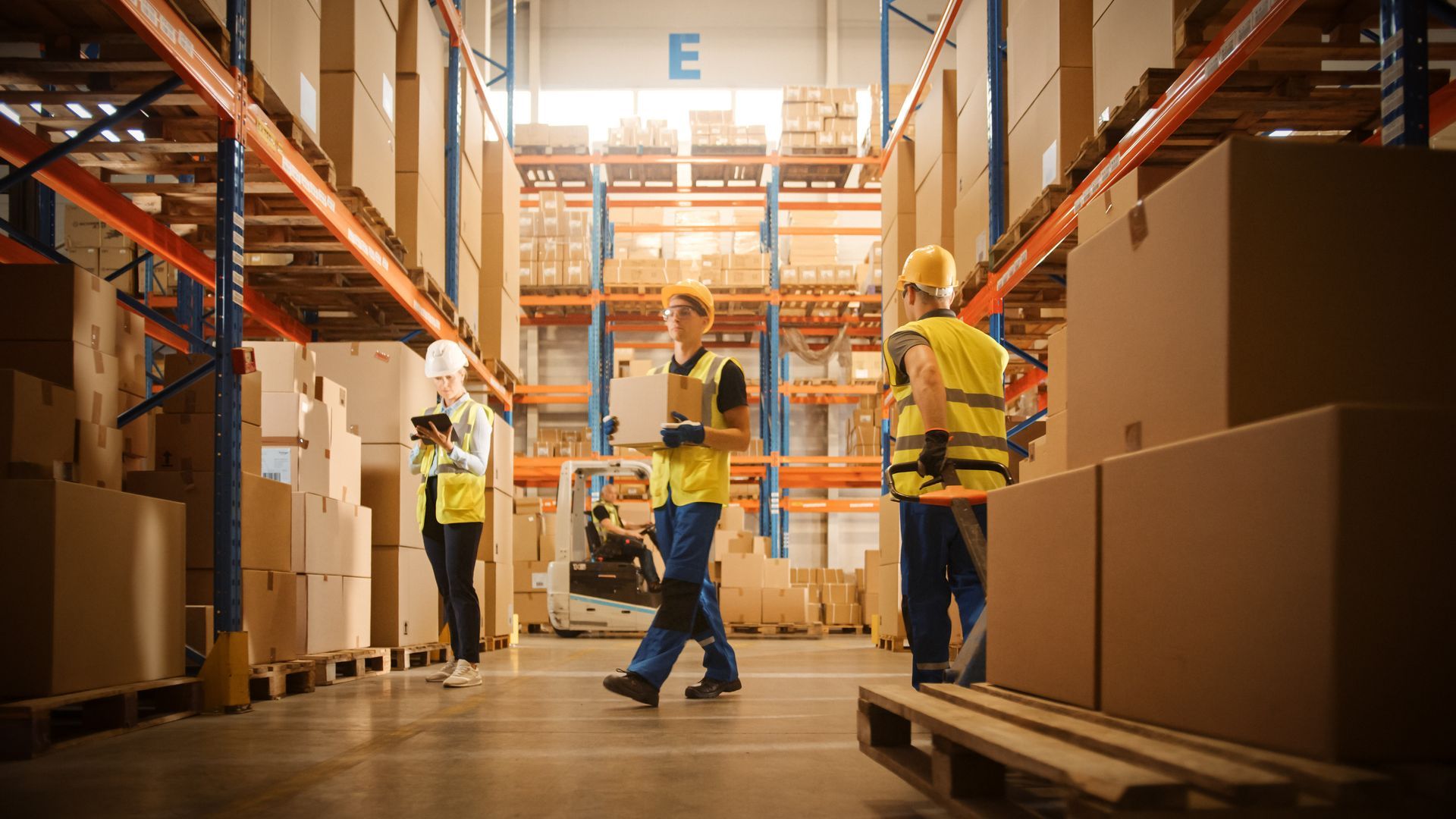 Warehouse workers in safety vests and hard hats, moving boxes in a warehouse with high shelves.