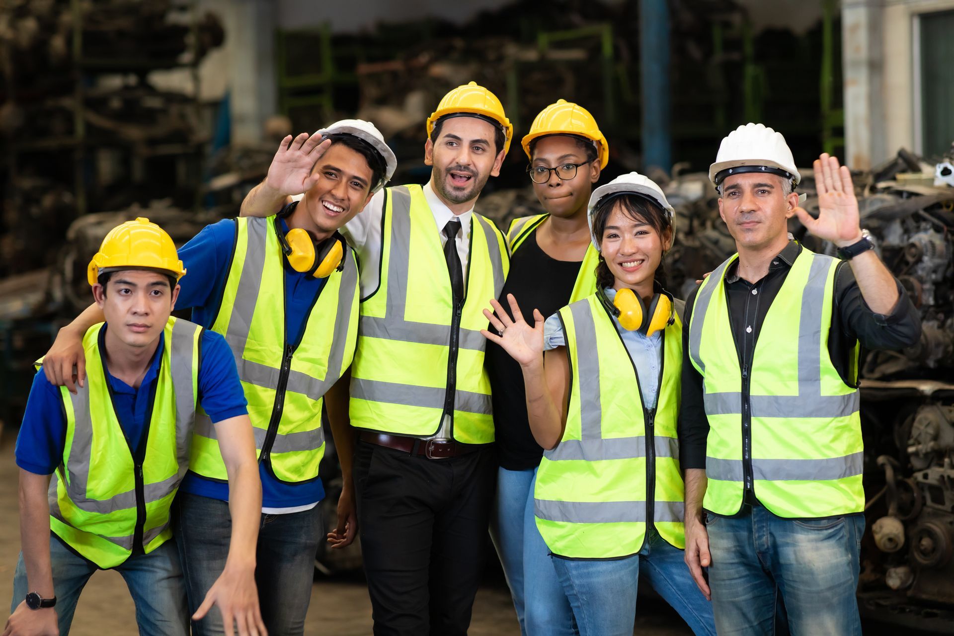 Group of workers in safety vests and hard hats waving in a warehouse.