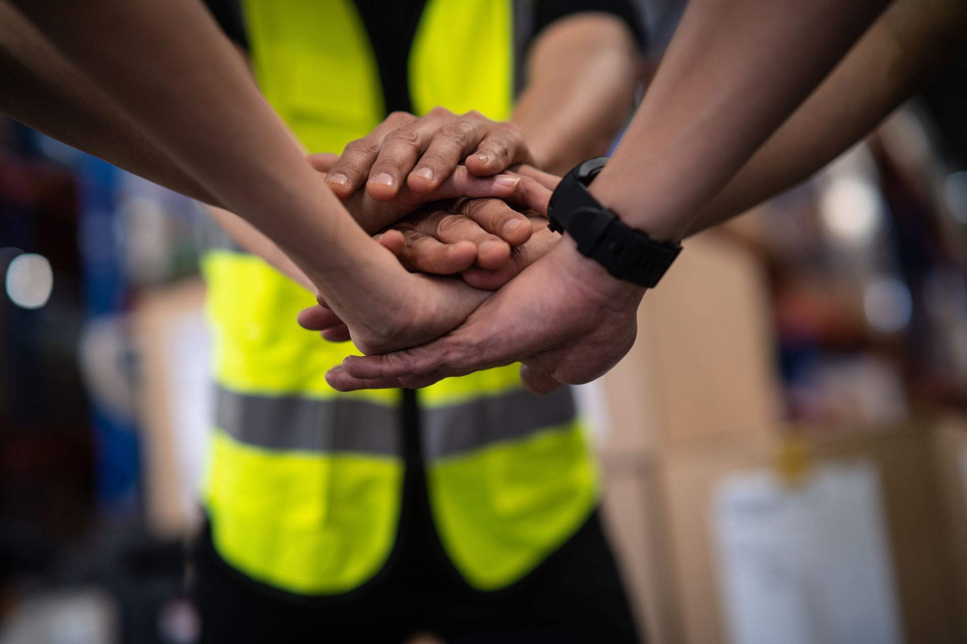 Hands of workers stacked together in a team huddle, wearing a yellow safety vest.
