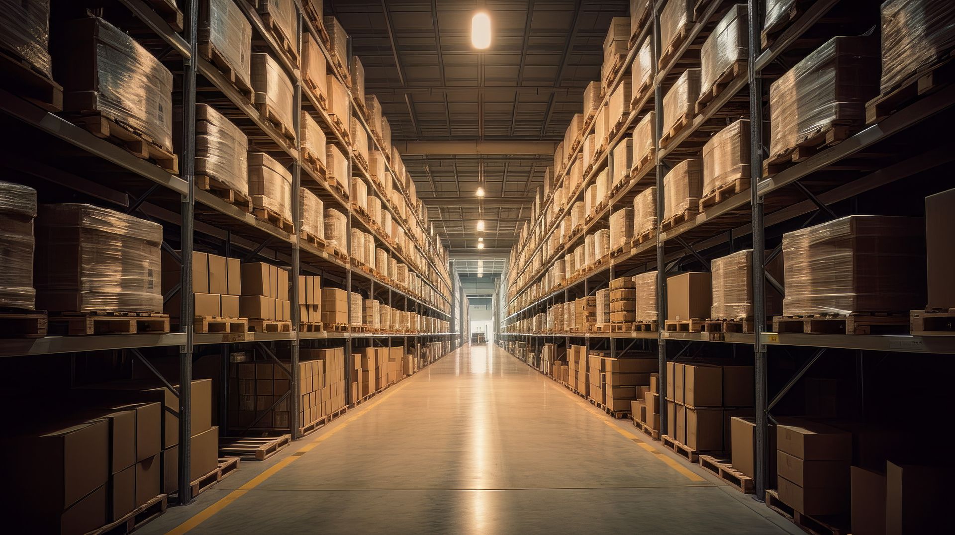 Rows of cardboard boxes fill warehouse shelves, lit by overhead lights.