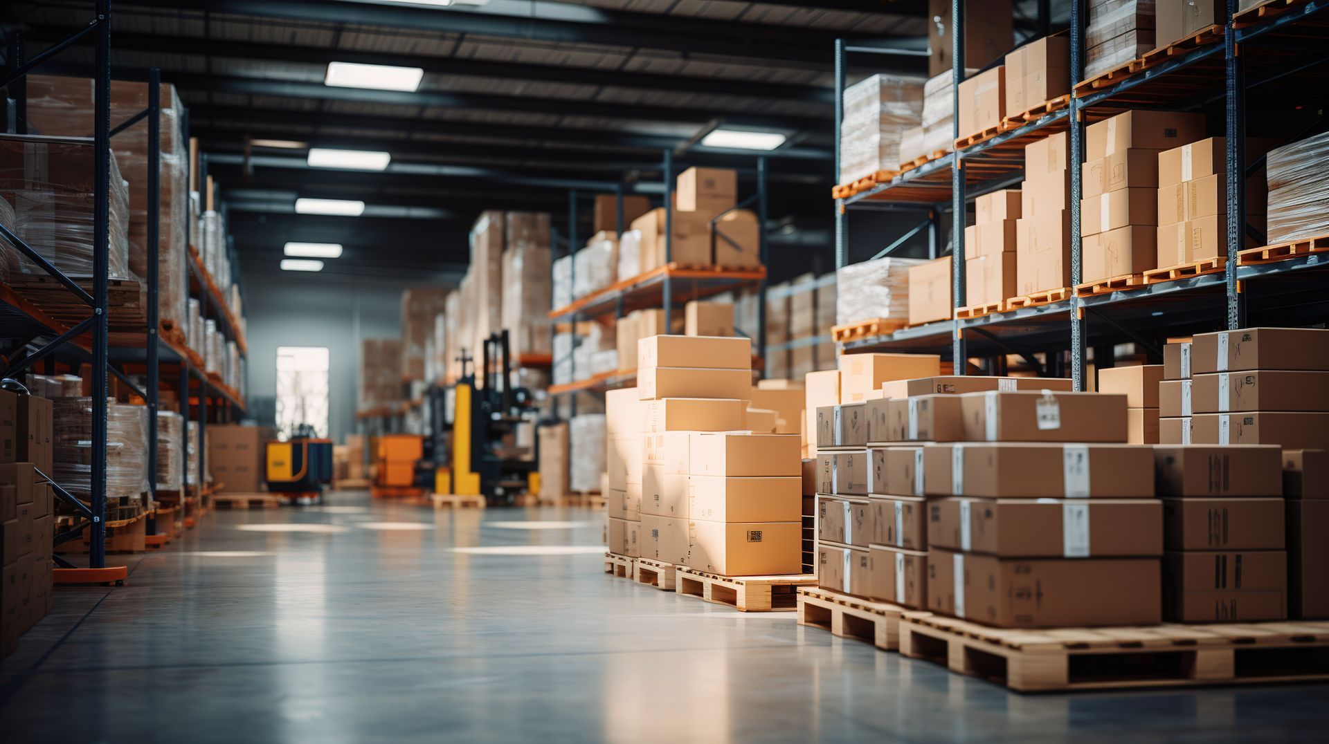 Warehouse interior with boxes stacked on shelves and pallets, forklift in background.