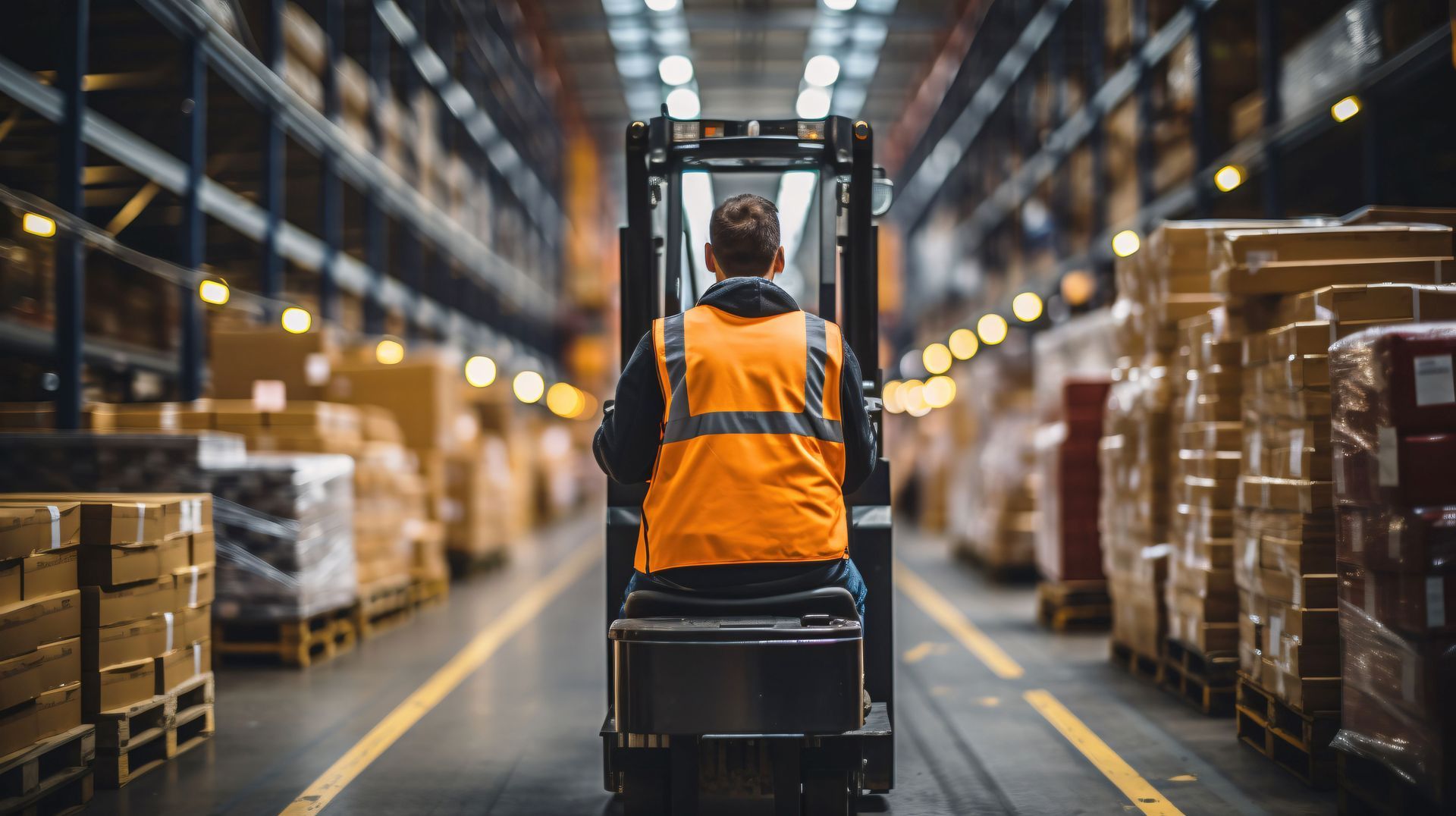 Forklift driver in orange vest navigating a warehouse aisle lined with boxes.