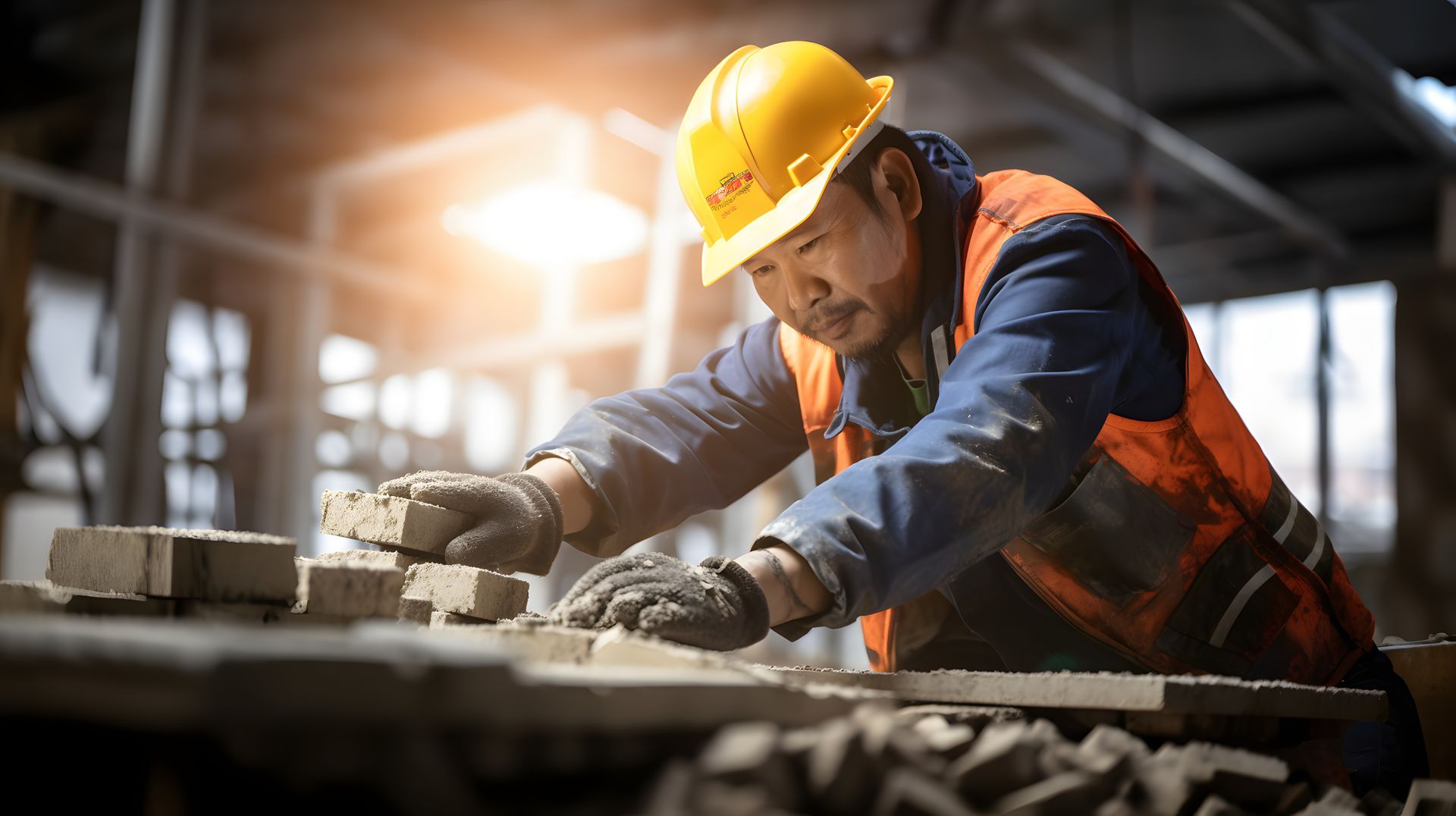 Construction worker stacking bricks, wearing a yellow hard hat and orange safety vest.