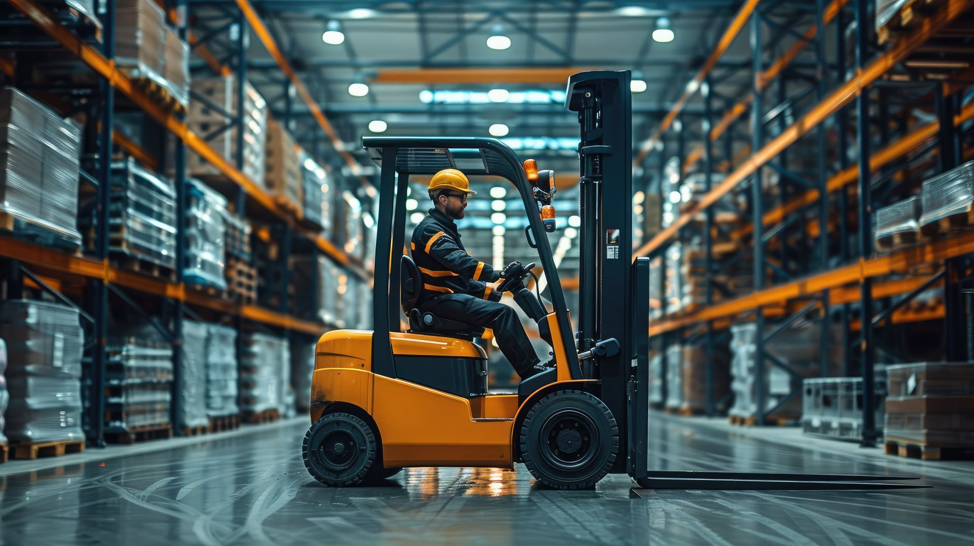 Forklift operator in orange and black suit drives in a warehouse with shelves full of products.