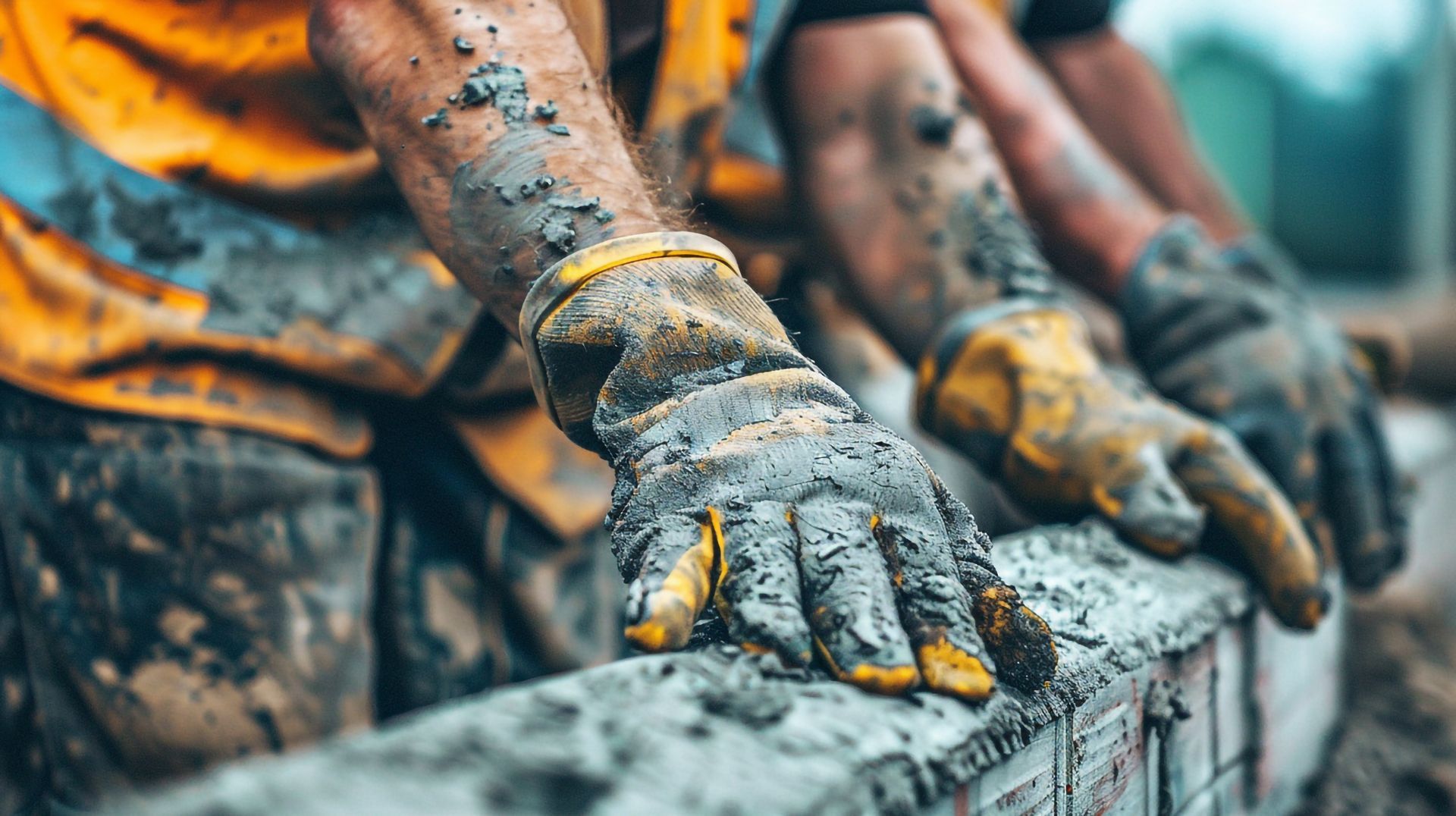 Construction worker's gloved hands covered in wet concrete, resting on a concrete surface. Yellow safety vest visible.