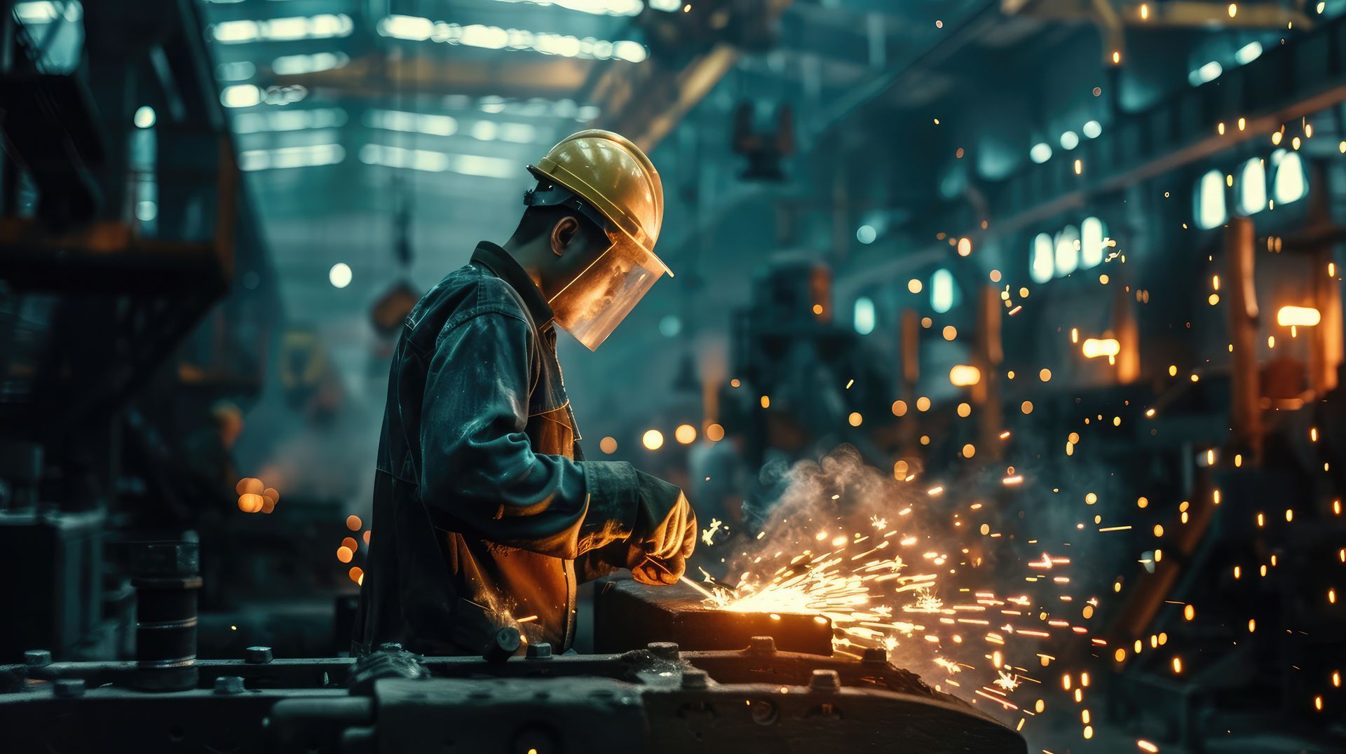 Welder in a factory, wearing safety gear, working with sparks flying.