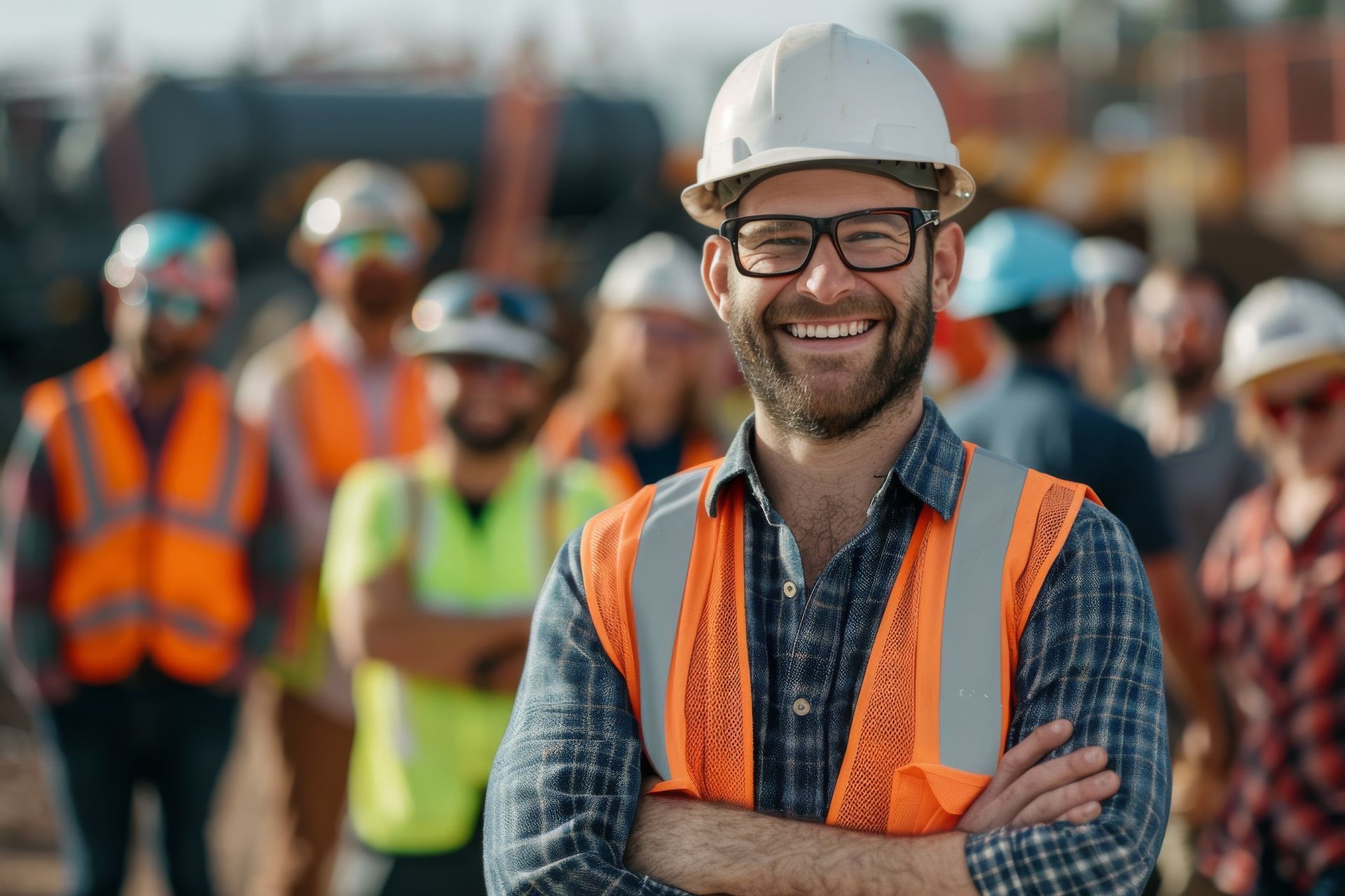 Construction worker in hard hat and vest smiles, arms crossed, with team in background.