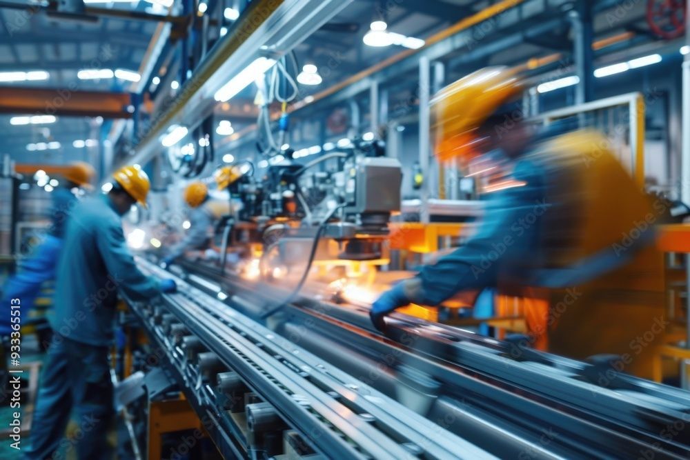 Workers in blue and yellow work clothes assembling a product on a factory line.
