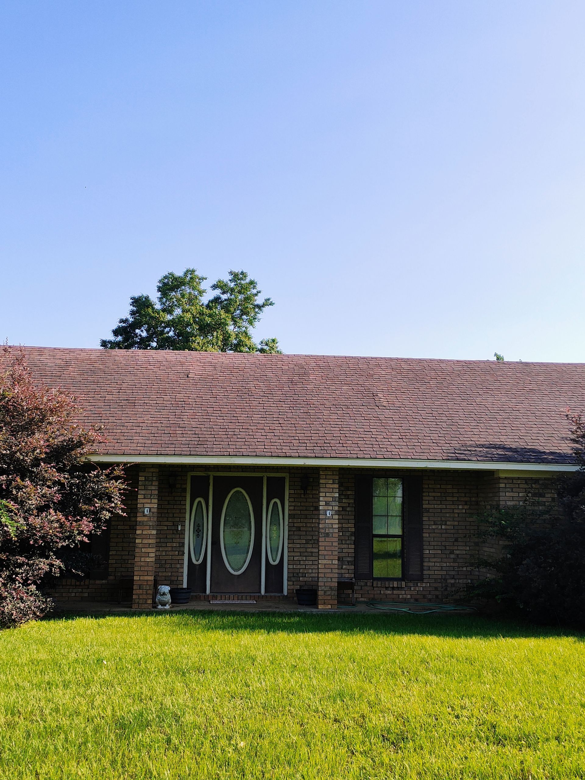 A house with a brown roof and a green door