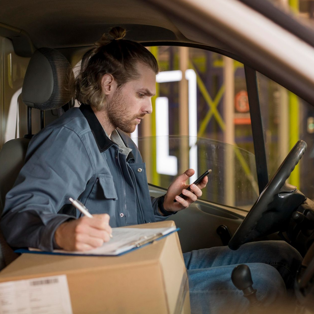 Delivery driver in a van, looking at phone and writing on clipboard next to a package.