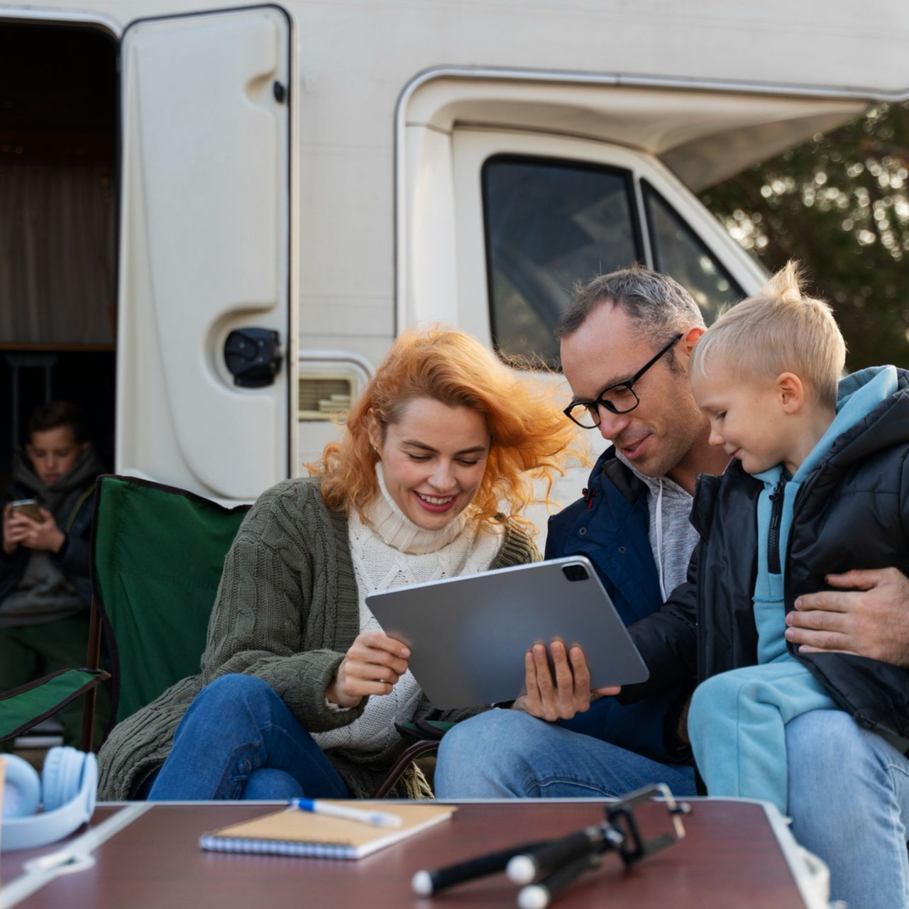 Family gathered outside a camper, looking at a tablet, smiling. Another person on a phone nearby.