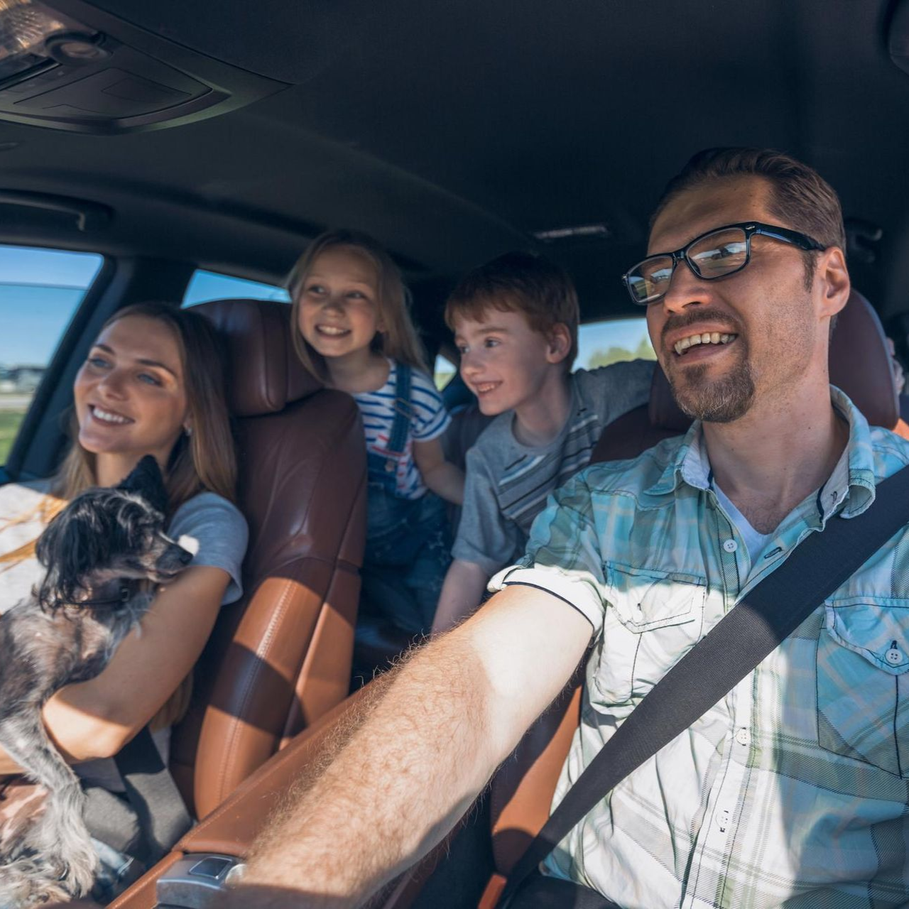 Family of four and a dog in a car, smiling. Driving on a sunny day.
