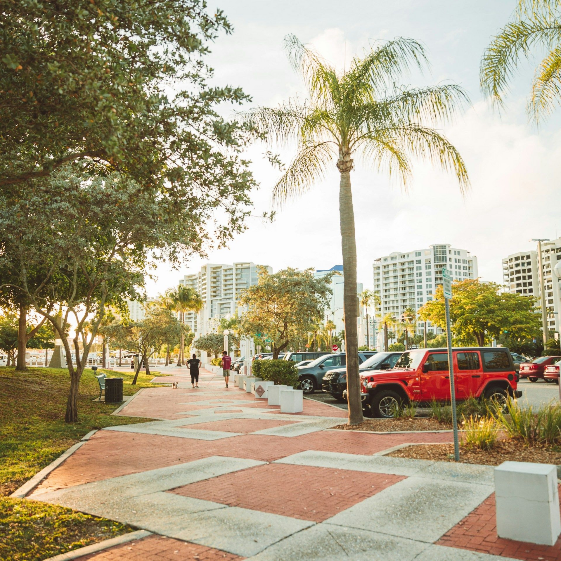 Paved walkway along a park with palm trees and a parking lot with a red Jeep and people walking. Buildings in the background.