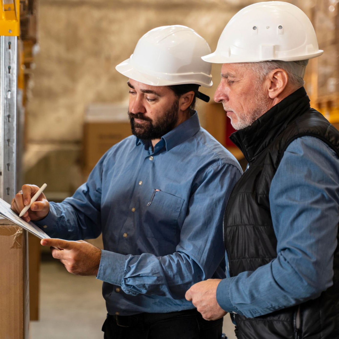Two men in hard hats, inspecting inventory in a warehouse. One points at a clipboard while the other looks on.