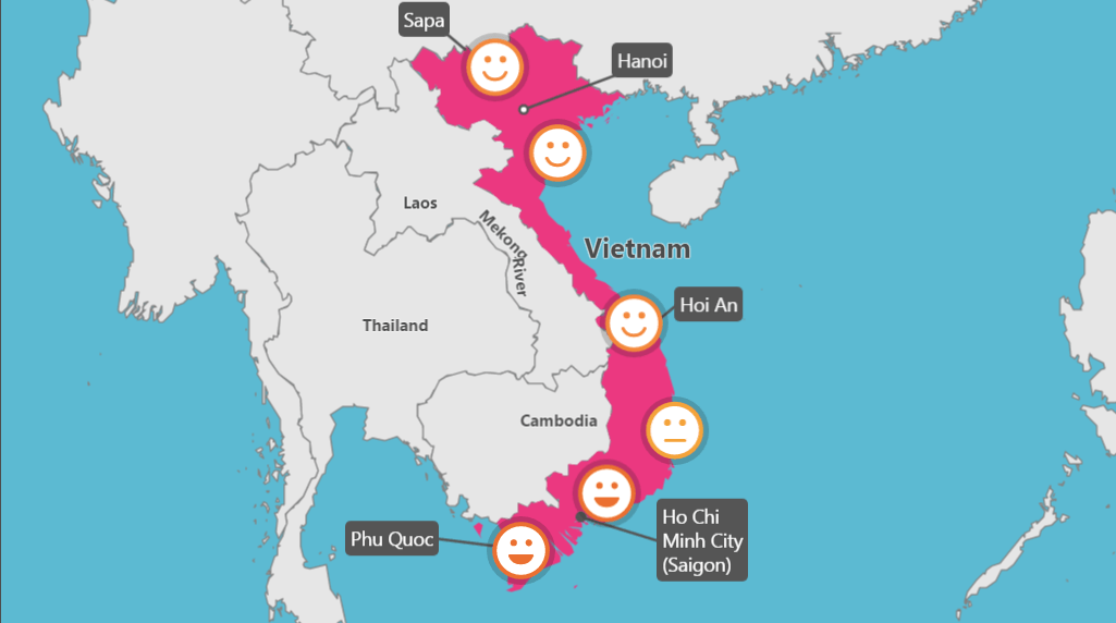 A map of vietnam with smiley faces on it