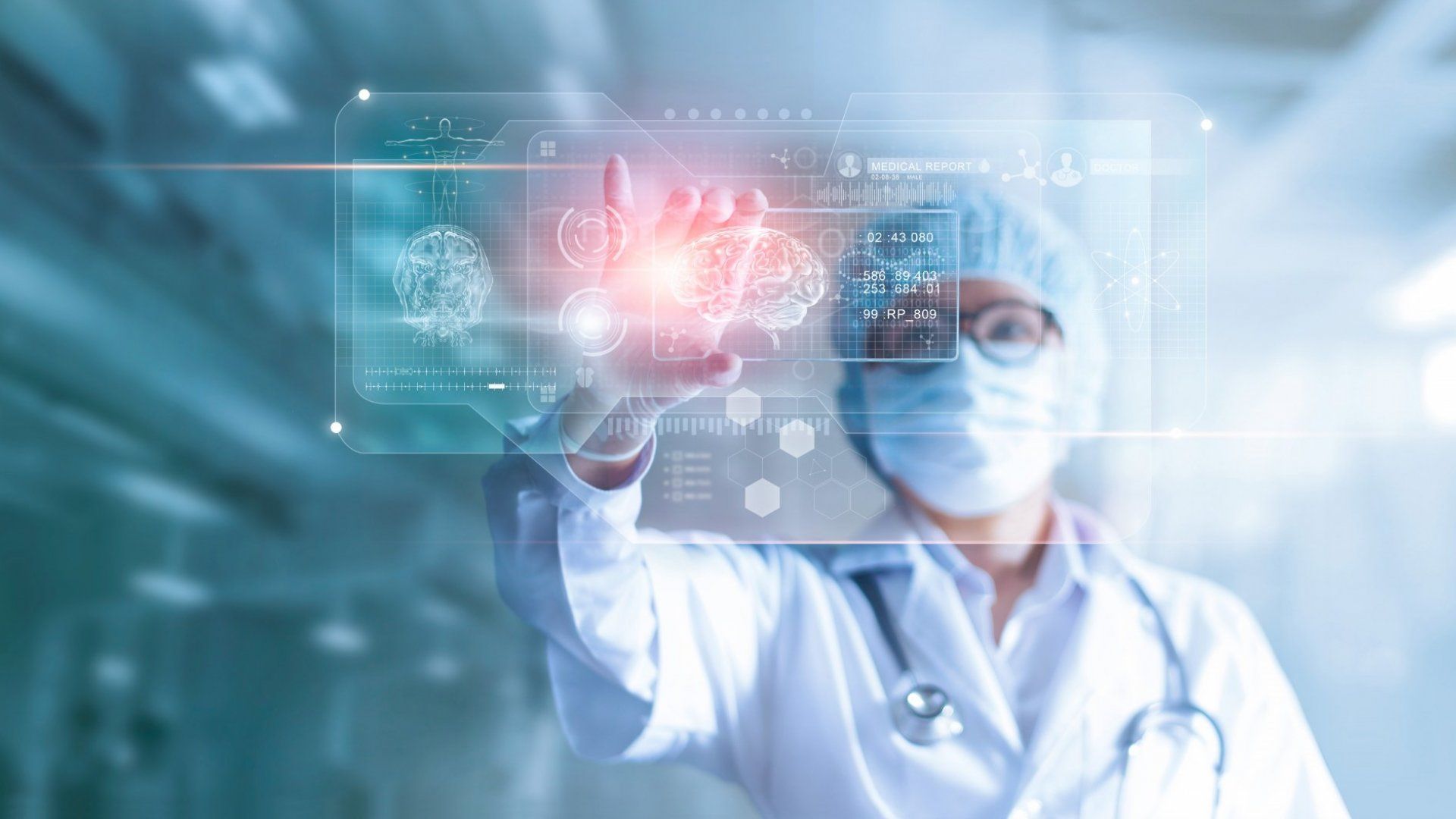 A doctor wearing a mask and stethoscope is using a futuristic screen.