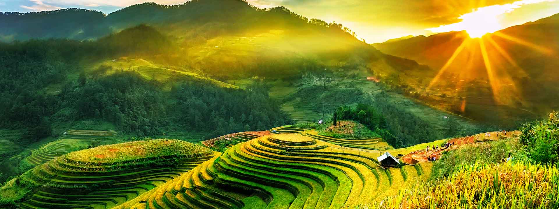 The sun is shining through the clouds over a lush green field.