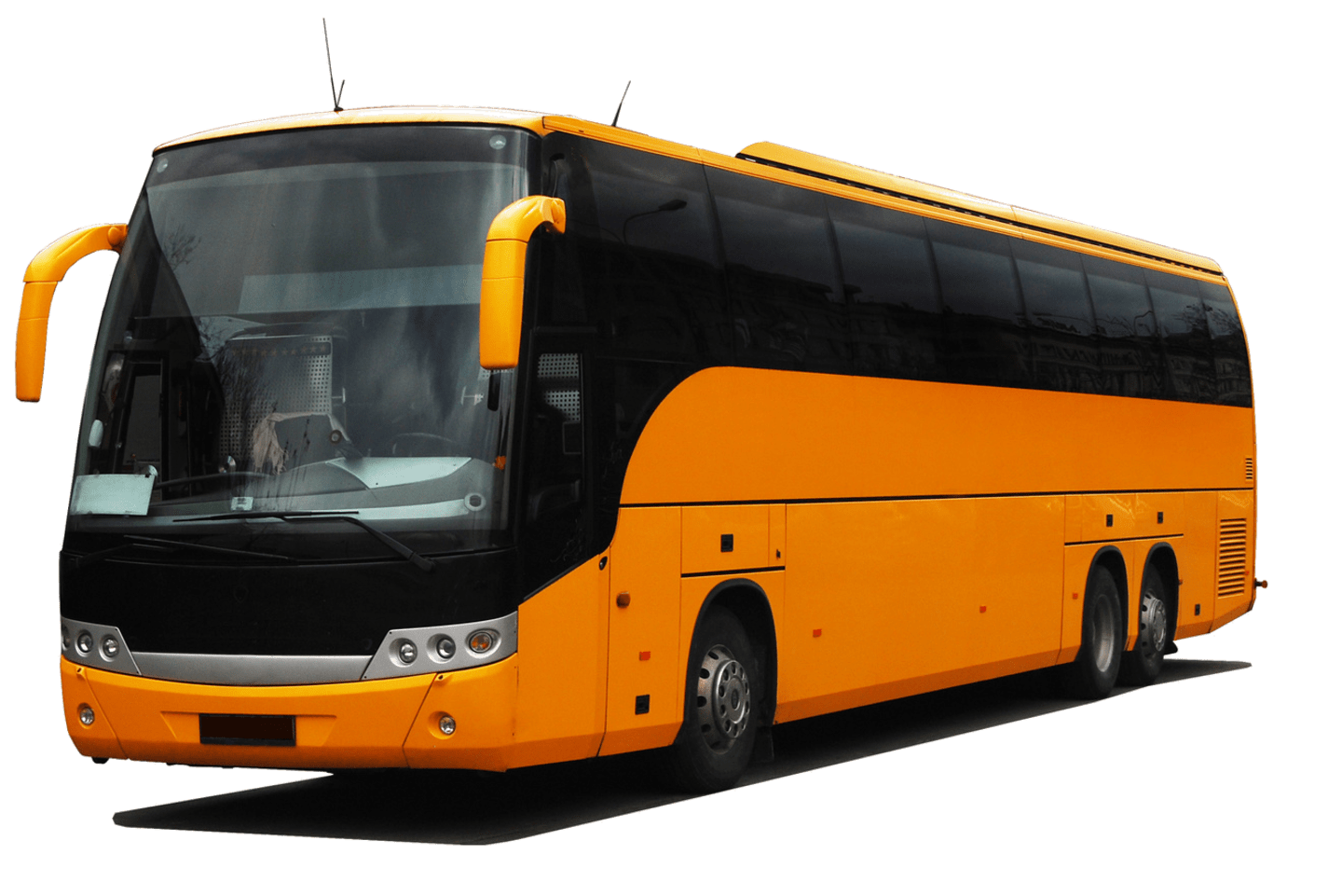 A yellow and black bus is parked on a white background