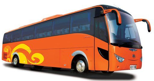 A large orange bus with a yellow design on the side is on a white background.