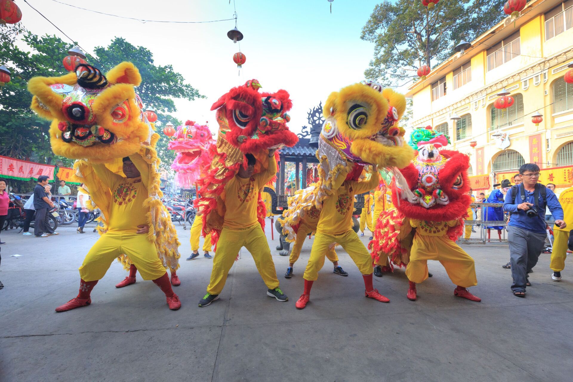 A group of people dressed as lions are dancing on a street.