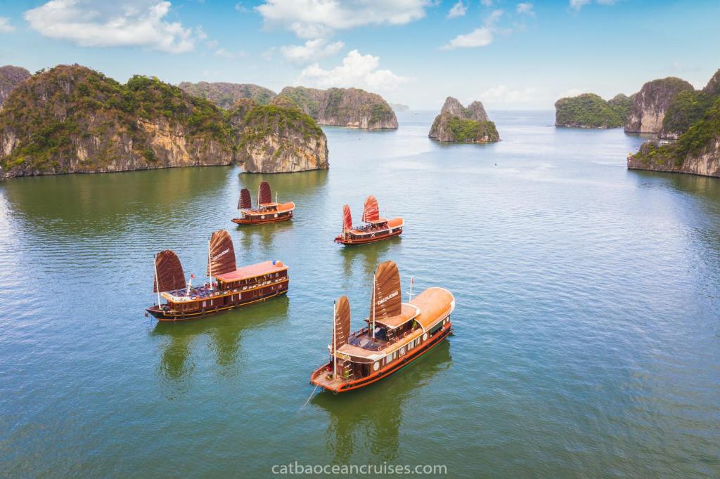 A group of boats are floating on top of a body of water.