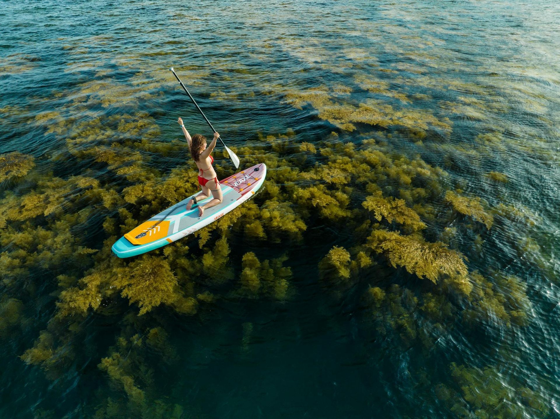 Aerial view of tourists enjoying water sports on a beach in Vietnam