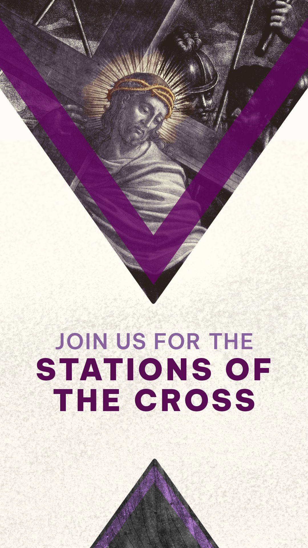 Poster for Stations of the Cross service. Jesus with crown of thorns, purple and cream color scheme.