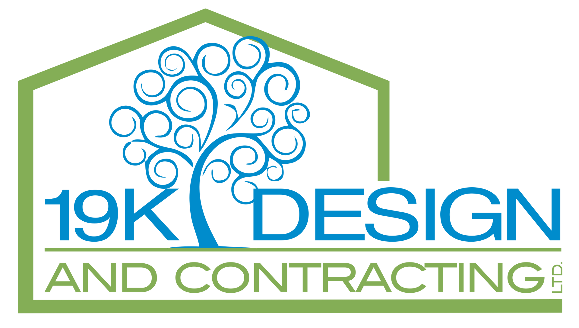 A logo for 19k design and contracting with a tree in the middle.