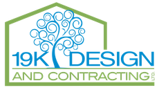 A logo for 19k design and contracting with a tree in the middle.