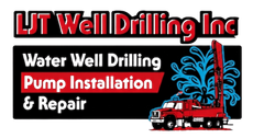 LJT Well Drilling Inc. logo: red truck drilling, black background, white text.