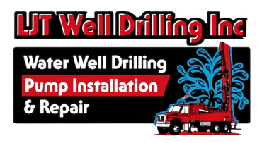 LJT Well Drilling Inc. logo: red truck drilling, black background, white text.