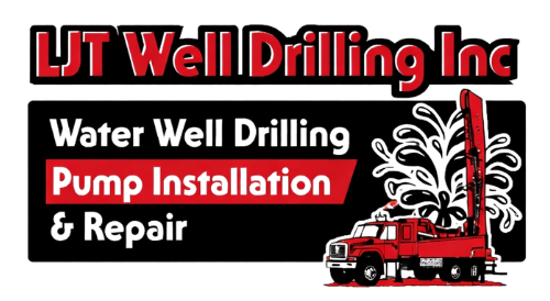 LJT Well Drilling Inc. logo: red truck drilling, black background, white text.