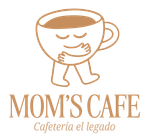Logotipo de Mom's Cafe. Incluye una taza de café, un croissant, granos de café y un molinillo