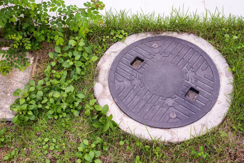 A manhole cover is sitting in the middle of a lush green field.