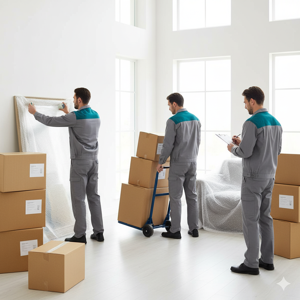 Three gray-uniformed movers hang a picture, haul boxes, and take notes in a room.