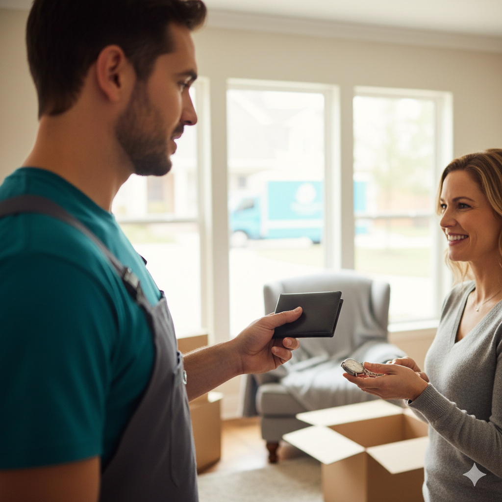 Man in blue shirt hands wallet to smiling woman in a sunlit room. Boxes are scattered about.