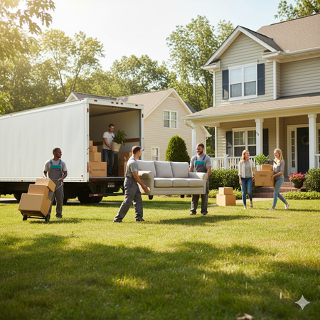 Movers loading a moving truck with furniture and boxes in front of a two-story house.