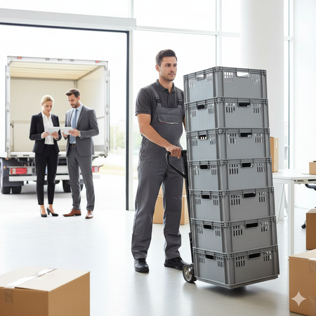 Man in gray overalls using a dolly to move stacked gray crates; two people in suits stand near an open truck.