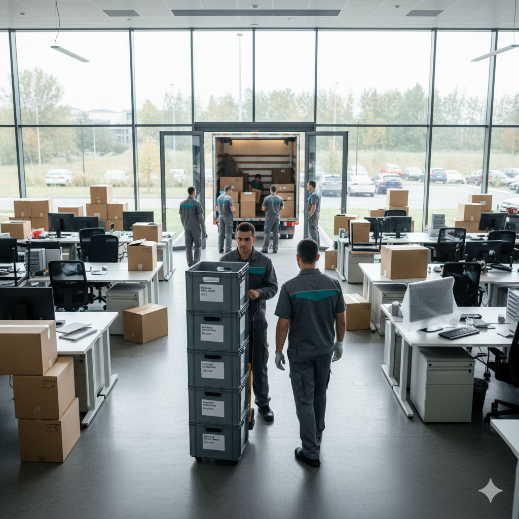 Office relocation: movers unloading boxes from a truck into an open-plan office with desks.