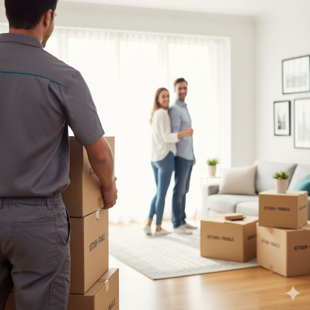 Movers carrying boxes, couple in new home, smiling.