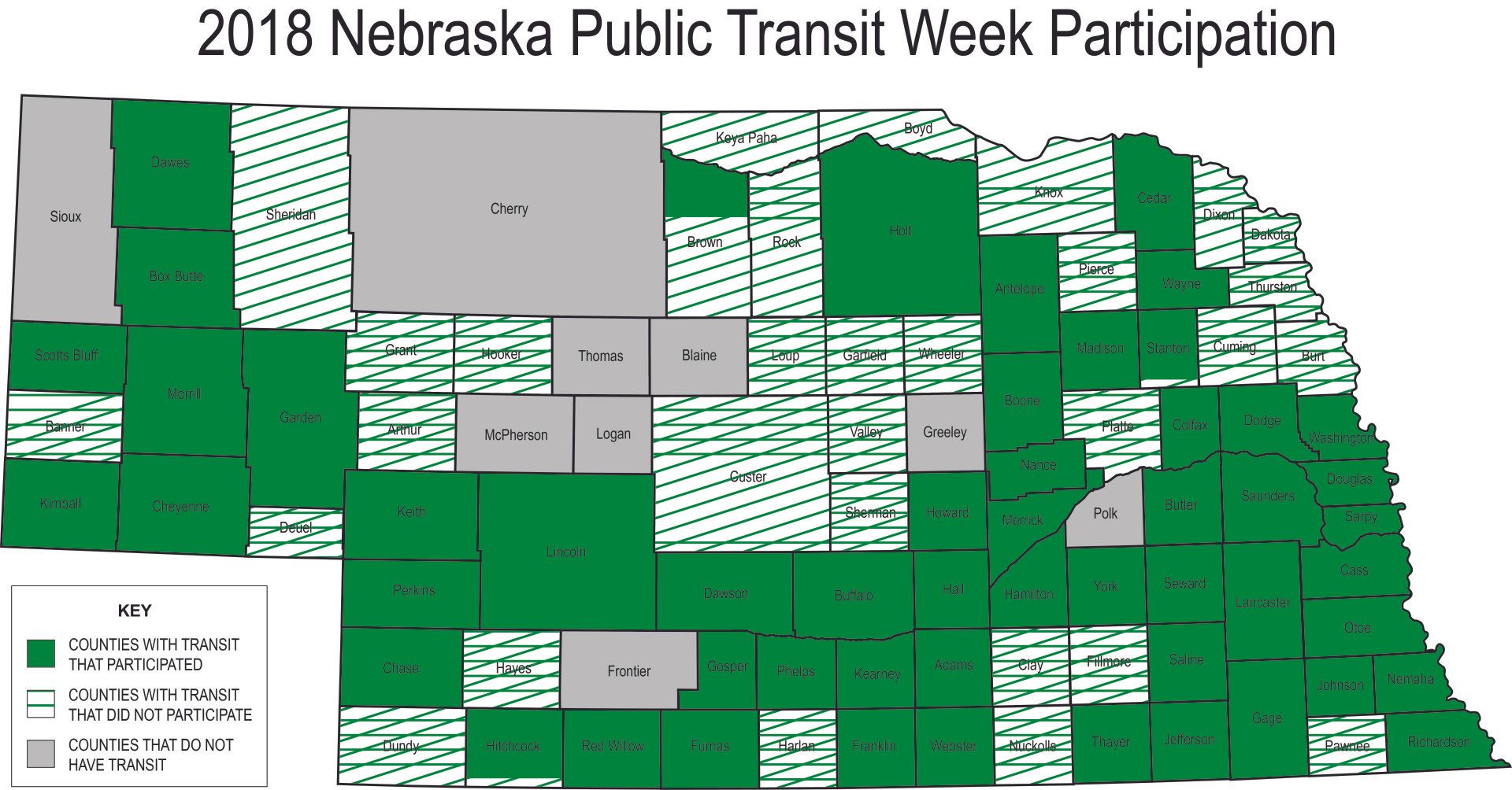 map of counties that participated in 2018 Nebraska Public Transit Week