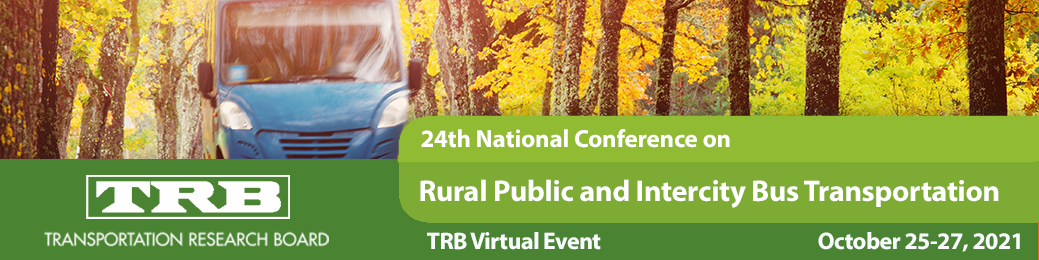 Image of a bus on a road among fall trees with TRB Transportation Research Board and 24th National Conference on Rural Public and Intercity Bus Transportation TRB Virtual Event October 25-27, 2021
