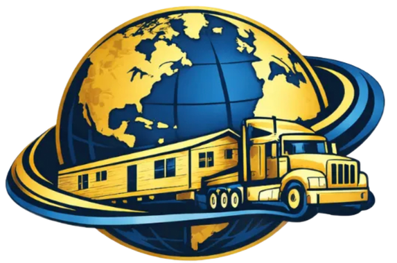 A gold semi-truck hauling a mobile home in front of a blue and gold globe, encircled by blue stylized swooshes.