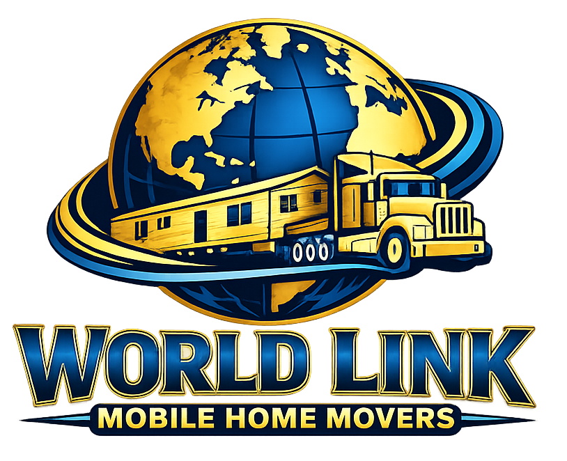 Logo: Yellow truck hauling mobile home around golden globe; company name "WORLD LINK MOBILE HOME MOVERS".
