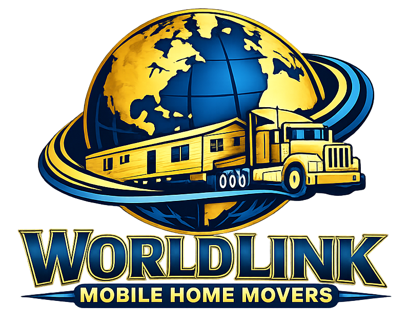 Logo: Yellow truck hauling mobile home around golden globe; company name "WORLD LINK MOBILE HOME MOVERS".
