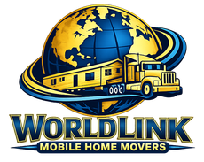 Logo: Yellow truck hauling mobile home around golden globe; company name "WORLD LINK MOBILE HOME MOVERS".