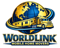 Logo for WorldLink Mobile Home Movers featuring a truck hauling a mobile home in front of a blue and gold globe.
