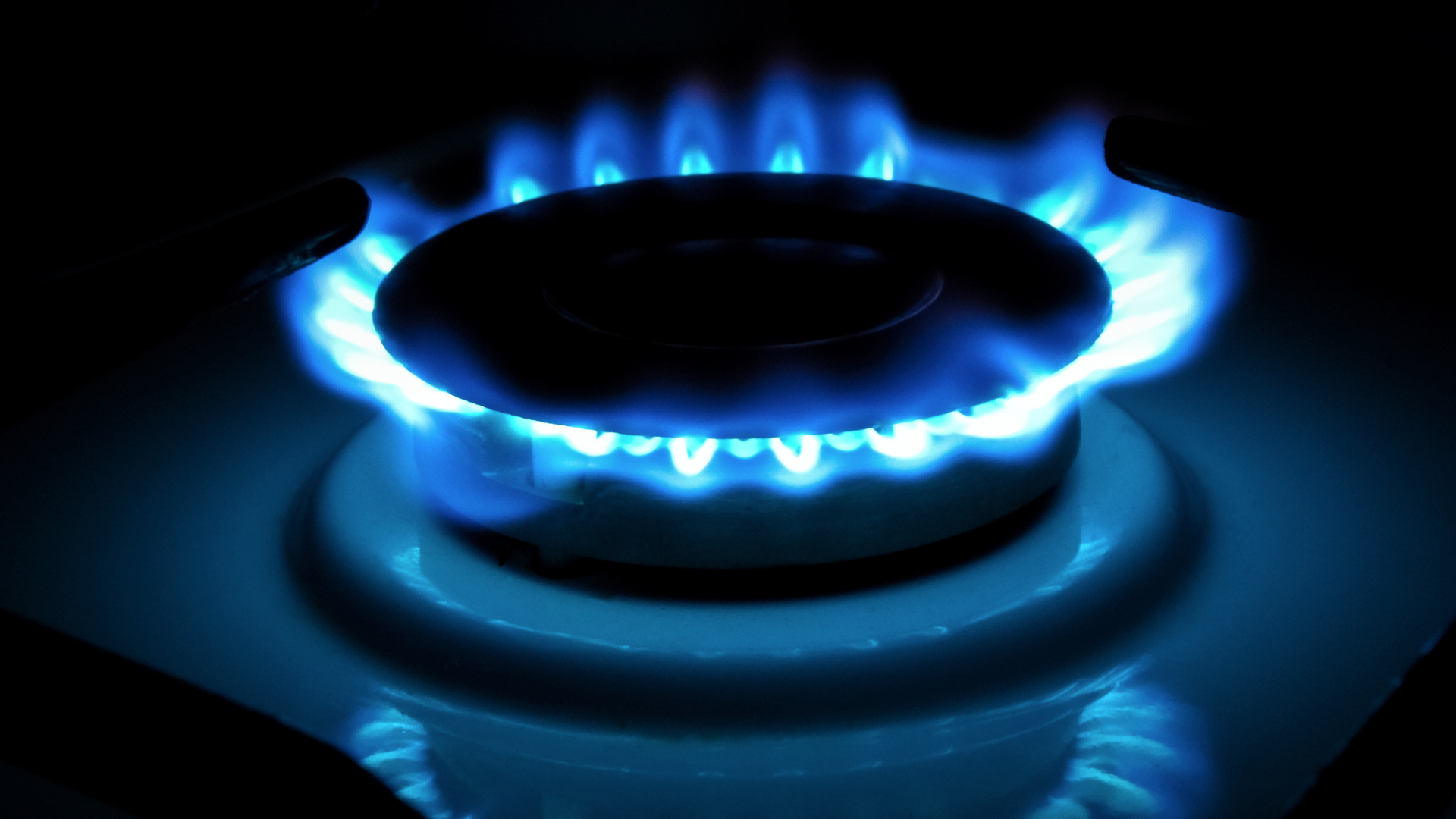 Blue gas flames burning on a stovetop burner, against a dark background.