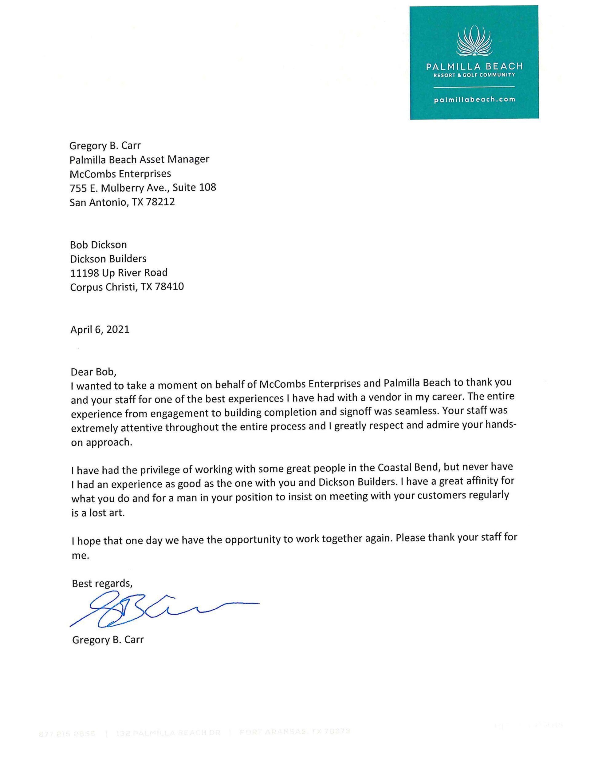 Testimonial Letter — Corpus Christi, TX — Dickson Builders, Inc.