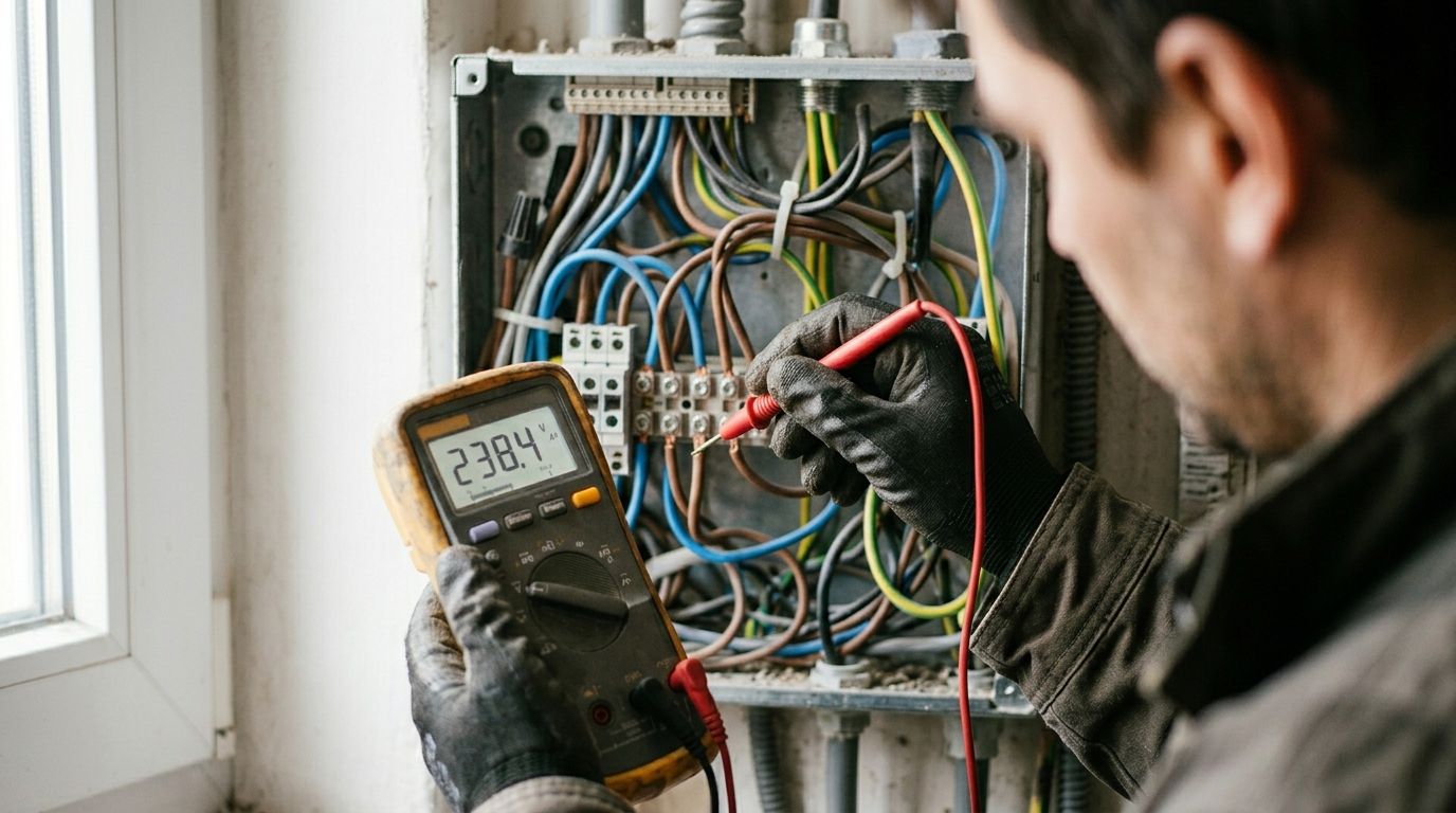 Electrician testing wiring in an open electrical panel with a digital multimeter.